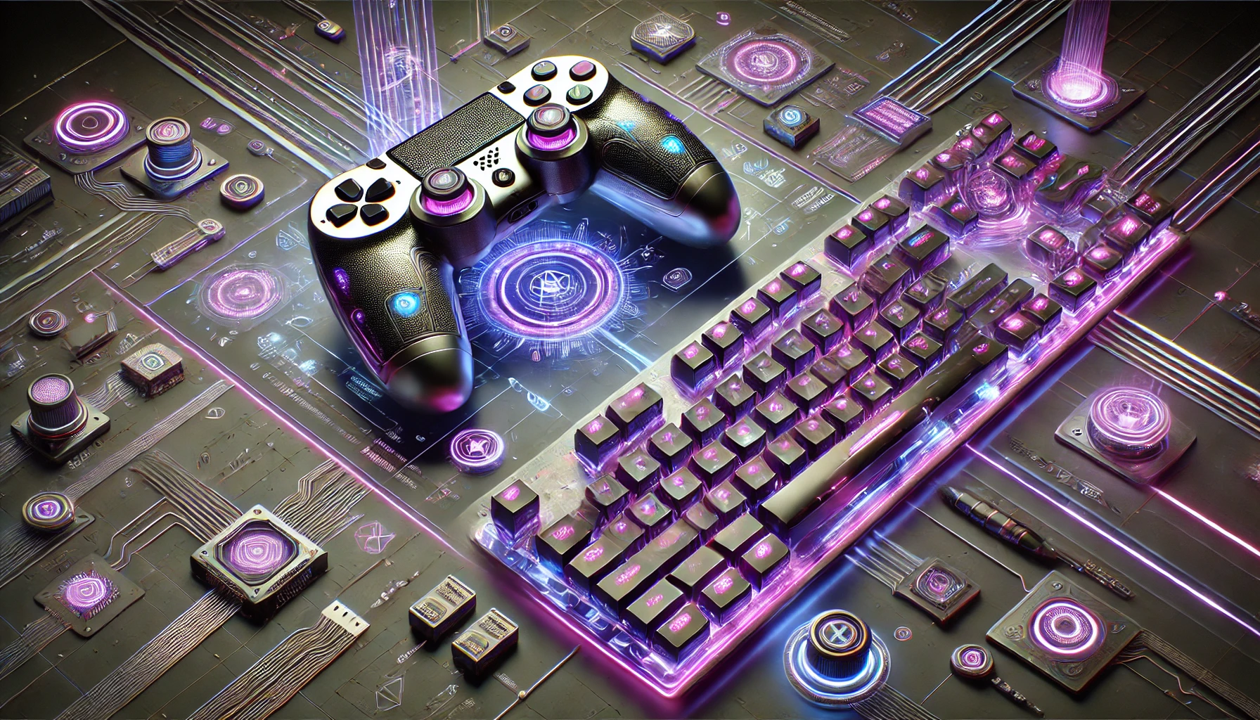DALL·E 2025-01-09 15.50.10 – A digital artwork of a futuristic gaming controller and a computer keyboard, viewed from a top-down perspective, designed with advanced sci-fi aesthet dall·e 2025 01 09 15.50.10 a digital artwork of a futuristic gaming controller and a computer keyboard, viewed from a top down perspective, designed with advanced sci fi aesthet